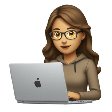 software engineer female with apple laptop. facing the left side while looking at her laptop. very long wavy brown hair, brown eyes, tan skin, yellow sweatshirt, no glasses sticker