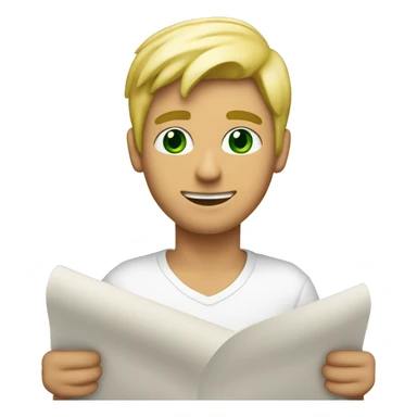 a light-skinned blonde green-eyed male person sitting in front of the long white paper scroll sticker