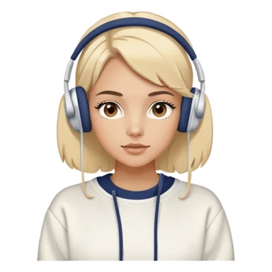 Tan blonde model with brown eyes wearing white headphones and an oversized vintage navy sweatshirt, pretty, eyelashes sticker