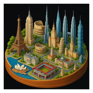 Оставь основу картинки - деревянную подставку, но при этом сгенерируй изометричная, яркая, детализированная и фотореалистичная иллюстрация где будет самые узнаваемые здания мира Эмпайр Стейт Билдинг, Эйфелева башня, Колизей, Сиднейская опера, стадион Сан-Сиро, Белый Дом Пизанская башня, здание МГУ, Бурдж-Халифа, Башни Петронас, Небоскрёб Фостера в Лондоне, Рейхстаг, Тайбэй sticker