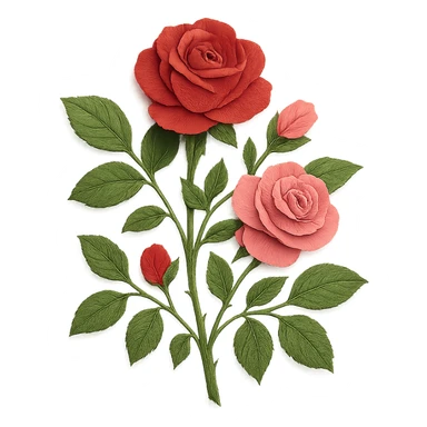 very detailed rose bush, intricate cut paper textures, lush green leaves, multiple blooming roses in red and pink sticker