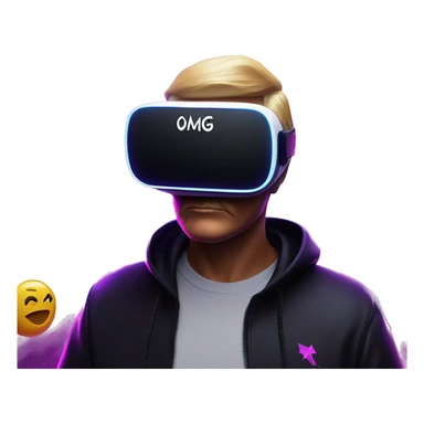 Donald Trump wearing a black hoodie with "OMG" letters on it and VR headset oculus quest 2 in a cyberpunk VR environment with violet neon lighting. sticker