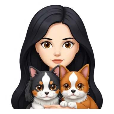 woman with long black hair holding an American Shorthair cat and a Cavalier King Charles Spaniel dog sticker