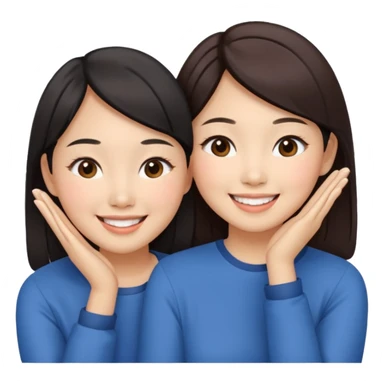 Two happy asian women beside each other touching their cheek sticker