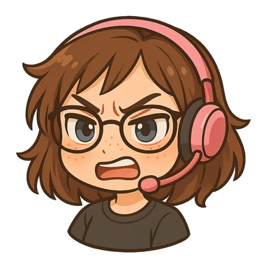 Chibi woman with shoulder length choppy brown hair, pink gaming headset, freckles, glasses, and blue eyes, angry expression, chibi stickers style, no background. sticker
