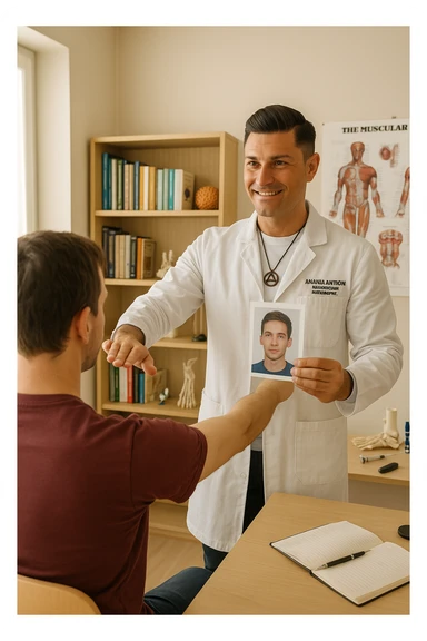 a middle-aged man, dressed in casual professional attire, is in a bright, organized therapy studio. Durante una visita di kinesiologia, il ragazzo tiene con una mano la foto di una persona lontana (il “testimone”) tiene la foto in mano, mentre con l’altra mano esegue un test muscolare su un cliente presente senza foto. Sullo sfondo si vedono libri di kinesiologia, poster anatomici e strumenti tipici della disciplina. L’atmosfera è concentrata e serena, con luce naturale che entra dalla finestra, sottolineando l’aspetto alternativo e umano della pratica. sticker