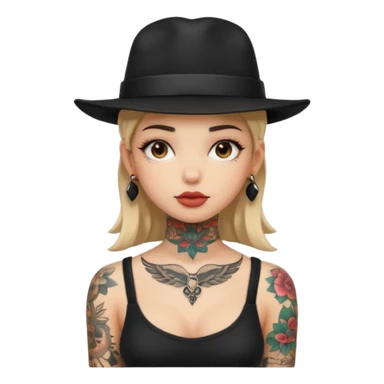 girl have tattoo on her full neck and full body with black hat sticker