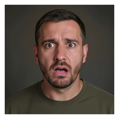 photorealistic portrait of Volodymyr Zelensky, President of Ukraine, expression of fear and shock, short dark hair, trimmed beard, olive green shirt, full head and shoulders visible, centered, strong likeness to Zelensky sticker