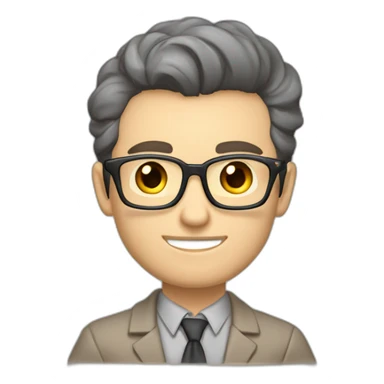 Pale skinned Fit Man With dark brown hair in gray jacket, beige office shirt, Brown pants and vintage glasses sitting In a soft chair with a notebook with emblem Ψ and a pen in his hands sticker