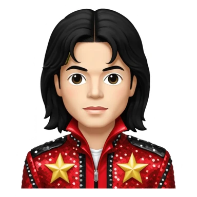 Michael Jackson with black long hair, red sequin jacket, black shirt, light skin sticker