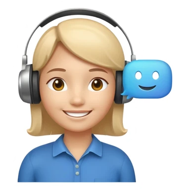 smiling face wearing a headset (support agent) with a floating chat bubble, subtle 3D look, soft shadows, rounded and glossy features, helpful and friendly expression, Apple-style lighting and gradients sticker