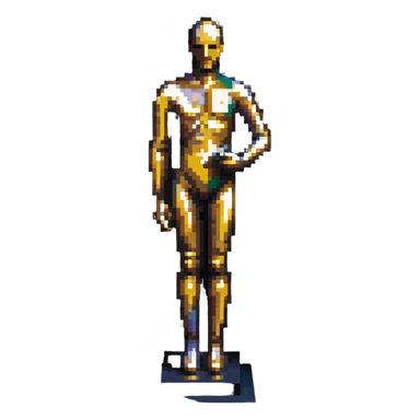 A paintbrush transforming into a metallic human silhouette sculpture, with museum-like display pedestal, symbol of artistic identity sticker