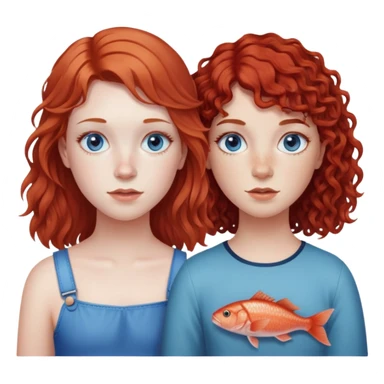 Two girls, one with a dark red mullet with a little fringe, pale skin and freckles. The other girl has brown curly hair with blue eyes and they’re both pale sticker