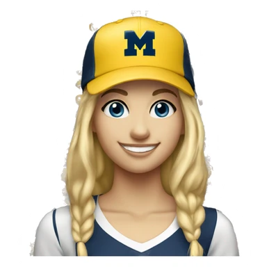 Blonde girl with blue eyes smiling wearing University of Michigan ball cap sticker