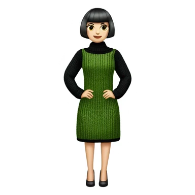 A Romanian woman with a short bob haircut featuring bangs and green eyes, wearing an elegant, straight-fit chunky knit dress with a twist pattern. She completes her look with black heels and dark brown shimmering stockings. sticker