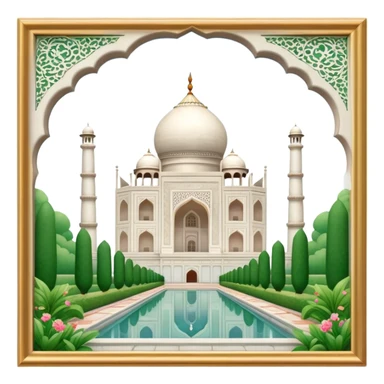 Cinematic Realistic Taj Mahal Landmark Emoji, depicted as the iconic marble mausoleum set amidst lush gardens rendered with intricate detail and ethereal, soft lighting. sticker
