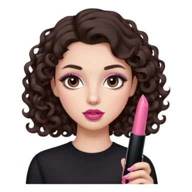 A dark brown hair little curl hair like 6 mm. roll looks so beautiful, she has an round and almond eyes with long and curl eyelashes in Douyin style, one of her hand carrying a lipstick looks similar to Rhode pink lip, her make up is cool tone and neutral style   sticker