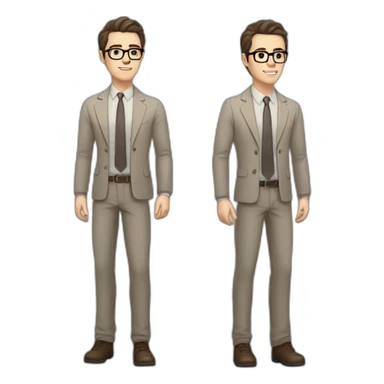 Full height Pale skinned fit man with dark brown hair in gray jacket, beige office shirt, brown tie, brown pants and vintage glasses. His right hand stretched out sticker