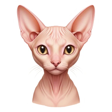 Cinematic Noble Sphynx Cat Portrait Emoji, Poised and regal, with smooth, hairless skin in warm peach and soft pink tones, striking large ears and intense almond-shaped eyes, Simplified yet sharp and sophisticated features, highly detailed, glowing with a soft, dignified glow, high shine, intelligent and graceful, stylized with an air of elegance, focused and attentive, soft glowing outline, capturing the essence of a watchful and refined feline, so majestic it feels as though it could glide across the screen with effortless confidence! sticker
