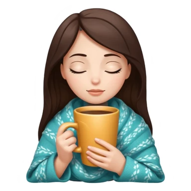 brunette girl wrapped in a cozy blanket, holding a coffee mug, eyes closed sticker
