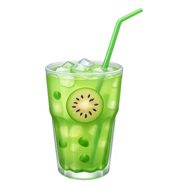 small cup of bright green melon soda with ice and a straw sticker