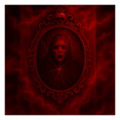 Change the color scheme to red and black with intense red fog and mist, creating an overall red horror palette. Keep all other details unchanged. sticker