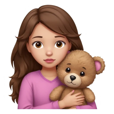 girl with long wavy brown hair, brown eyes, light to medium complexion, in a pink shirt, pink lips, long lashes, sad, hugging a teddy bear with a  heart sticker