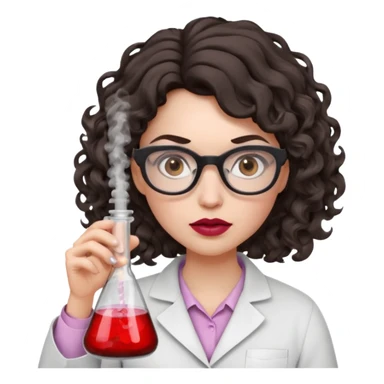 A crazy female scientist, with curly-wavy dark brown medium lenght hair, brown eyes and light grey glasses and pale skin and pinkish lips, dressed to look like an english teacher but in neutral tones like grey black white, maybe with the pop of dark red, she should look slighltly mad/crazy sticker