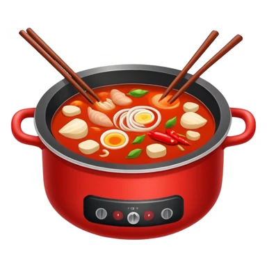 Chongqing hotpot with red spicy broth and ingredients, simplified emoji style with bold outlines and bright colors, cartoon style Chinese hot pot sticker