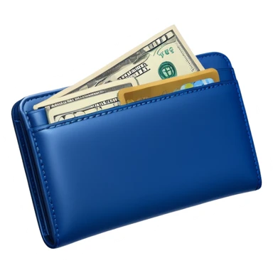 Rich emoji style Deep Blue leather wallet with dollar bills, luxury money vibe, premium 3D emoji, ultra clean, high detail, no background sticker