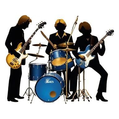 Icon for Blues Rock: collage of the band Cream, with silhouettes of the members (Eric Clapton, Jack Bruce, Ginger Baker) and symbolic items like guitars, drums, and bass. The design should convey the powerful, energetic vibe of the band's music. Transparent background. sticker