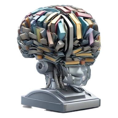 robotic brain with books floating inside the metallic mechanical brain folds sticker