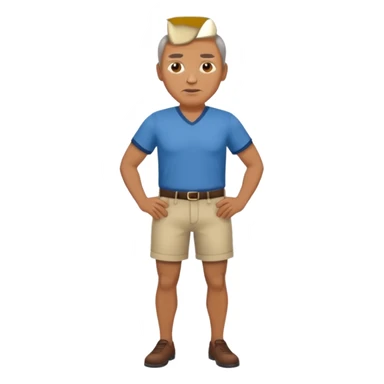 Clothed mature man standing, facing viewer, holding his crotch sticker