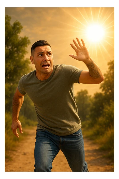 Uomo che corre via dal sole spaventato perchè pensa sia nocivo realistica sticker