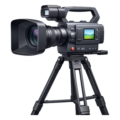 Create an emoji for video recording. Show a  single lens professional video camera with screen and image on it, on heavy tripod. Use modern, professional colors. Do not include any emojis or smiley faces. Make the background transparent. sticker