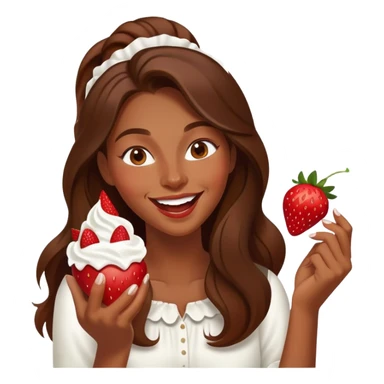 Young woman with long brown hair eating strawberries whipped cream, laughing elegant  sticker