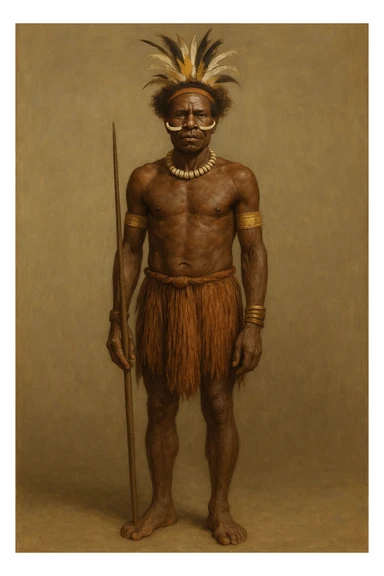 Сгенерируй мне в стиле реалистичной живописи человека из племени индонезии, в полный рост на однородном фоне sticker