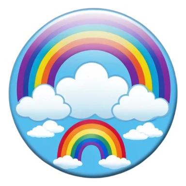 A round psychedelic colored button with a bezeled rainbow with clouds and colorful hippie style flowers sticker