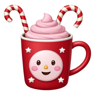 hot chocolate with pastel pink marshmallows in red christmas mug with stars and candy cane, trendy aesthetic sticker