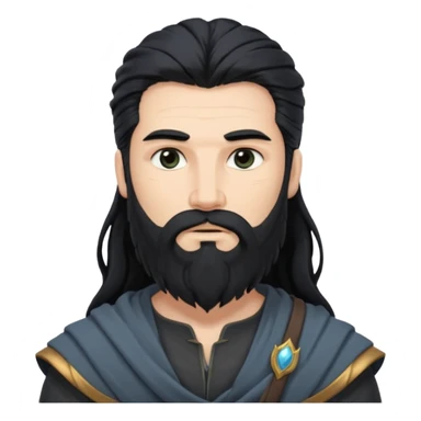 Boreas, North Wind God from Rome Mythology with long jet black hair and beard, dark gray outfit sticker