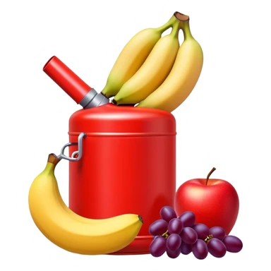 bright red gasoline canister surrounded by a banana, an apple, and grapes, red fuel can with fruits arranged around it sticker