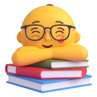 emoji of a sleepy face with glasses, resting on a pile of textbooks, showing fatigue from studying for exams sticker