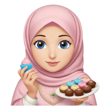 Turkish beautiful finish Konya girl blue eyes with powder pink brown hijab islamic dress and had on her hand text Eid Mubarak with sweets and celebrating with her friends eid days   sticker