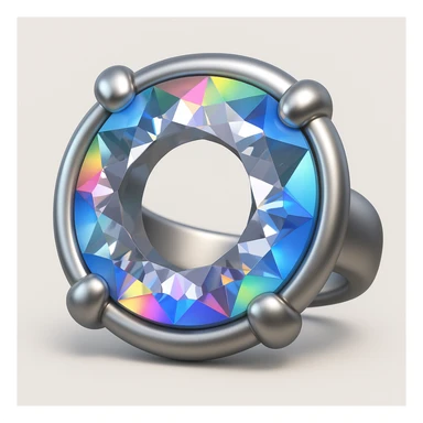 Make it 3D emoji style: add a silver jewelry setting to the round cut white diamond with intense holographic rainbow reflections sticker