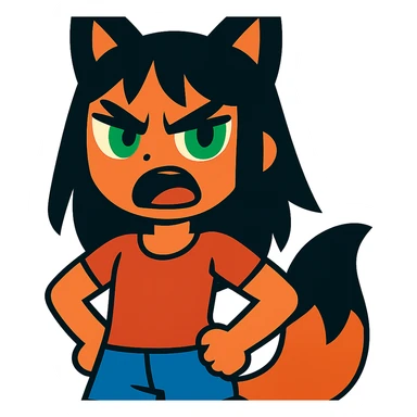 A girl with black fox ears and a tail, green eyes, dark hair, looking angry sticker