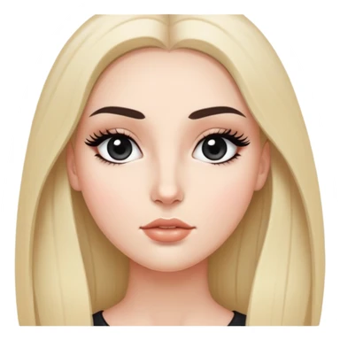 White girl with long oval face, huge round black eyes, big eyelashes, no makeup, natural lips, long straight black middle-parted hair sticker