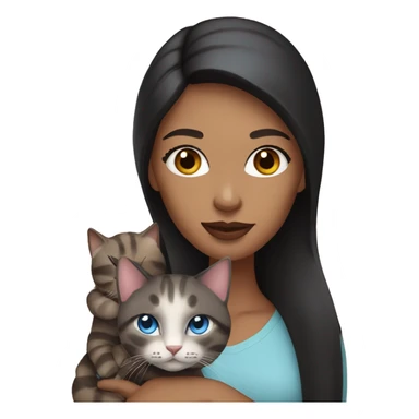woman with long dark hair, pink lips,and blue eyes holding a tabby cat sticker