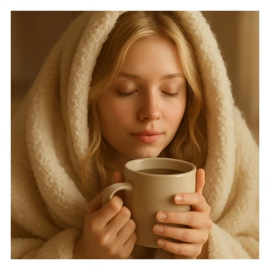 blonde girl inside a blanket sipping coffee, eyes closed, soft and cozy style, warm and serene atmosphere sticker