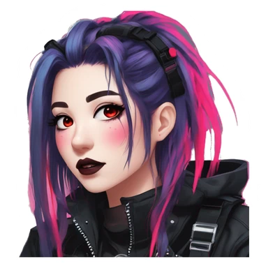 Gorgeous bright colorful neon gothic techwear anime style lady with blushing face aesthetic and pretty edgy black red punk messy hair with collar and harness trending style sticker