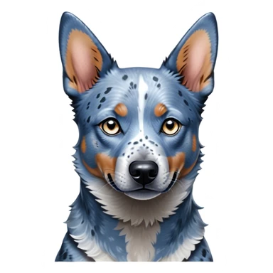 Cinematic Noble Blue Speckle Australian Cattle Dog Portrait Emoji, Poised and regal, with a robust, athletic build and a striking blue speckle Fur, piercing blue eyes, Simplified yet sharp and sophisticated features, highly detailed, glowing with a cool, dignified glow, high shine, intelligent and hardworking, stylized with an air of precision, focused and attentive, soft glowing outline, capturing the essence of a watchful and determined herder, so majestic it feels as though it could leap out of the screen with effortless authority! sticker